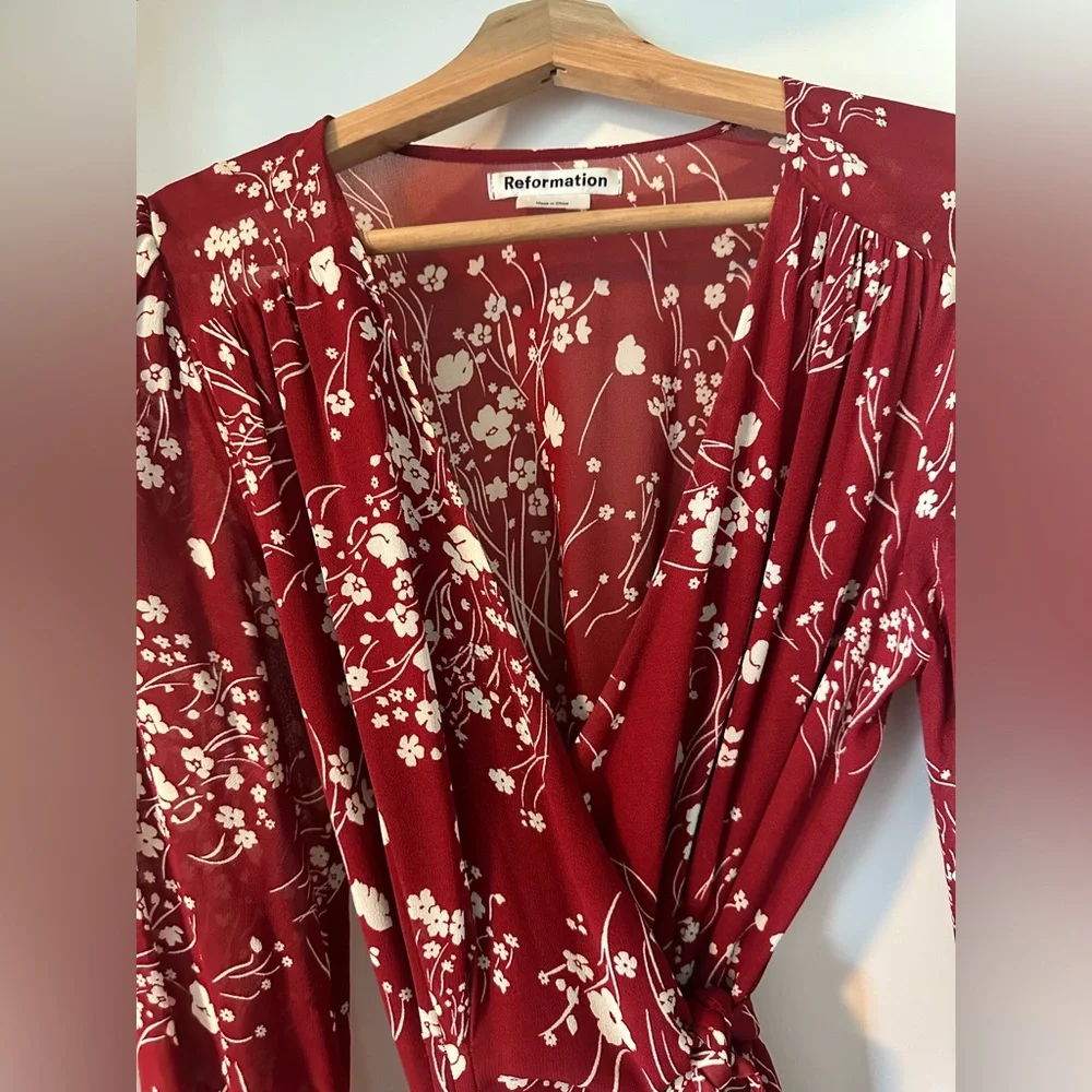Reformation Red Floral Midi Wrap Dress - Picture 4 of 6